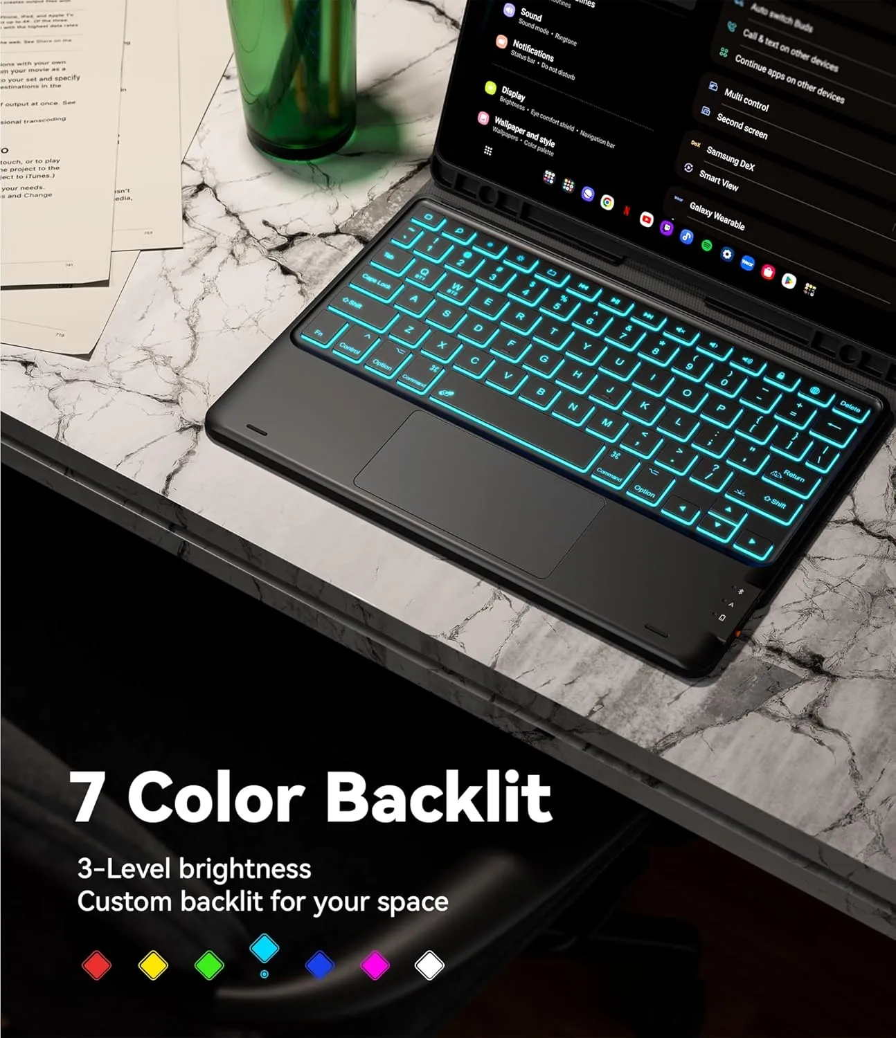 GreenLaw Galaxy Tab S9 FE 5g Case with Keyboard, Galaxy Tab S9 Keyboard Case, 7 Color Backlit Touchpad Keyboard with Pencil Holder, Magnetic Detachable, for Galaxy Tab S9 FE 10.9", S9 11", Black