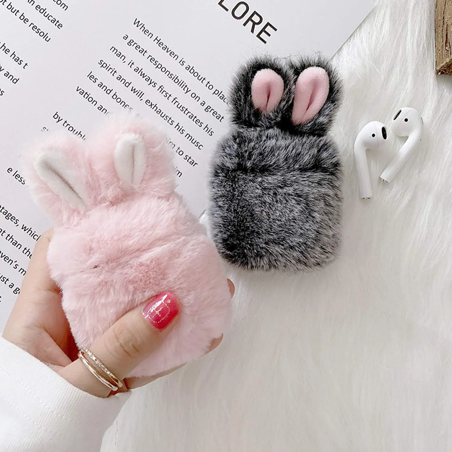 Guppy Compatible with AirPods Furry Bunny Case Girls 3D Cartoon Cute Rabbit Ears Plush Fluffy Warm Carrying Case Soft Protective Case Cover Accessories for AirPods 1 & 2 Gray, QL2357-Airpods2-1