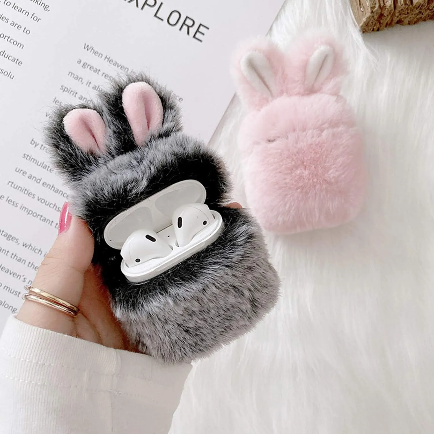 Guppy Compatible with AirPods Furry Bunny Case Girls 3D Cartoon Cute Rabbit Ears Plush Fluffy Warm Carrying Case Soft Protective Case Cover Accessories for AirPods 1 & 2 Gray, QL2357-Airpods2-1