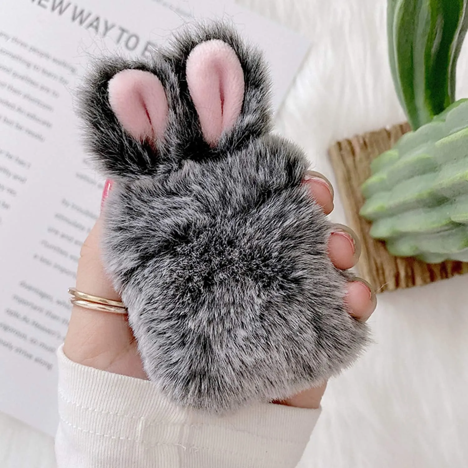 Guppy Compatible with AirPods Furry Bunny Case Girls 3D Cartoon Cute Rabbit Ears Plush Fluffy Warm Carrying Case Soft Protective Case Cover Accessories for AirPods 1 & 2 Gray, QL2357-Airpods2-1
