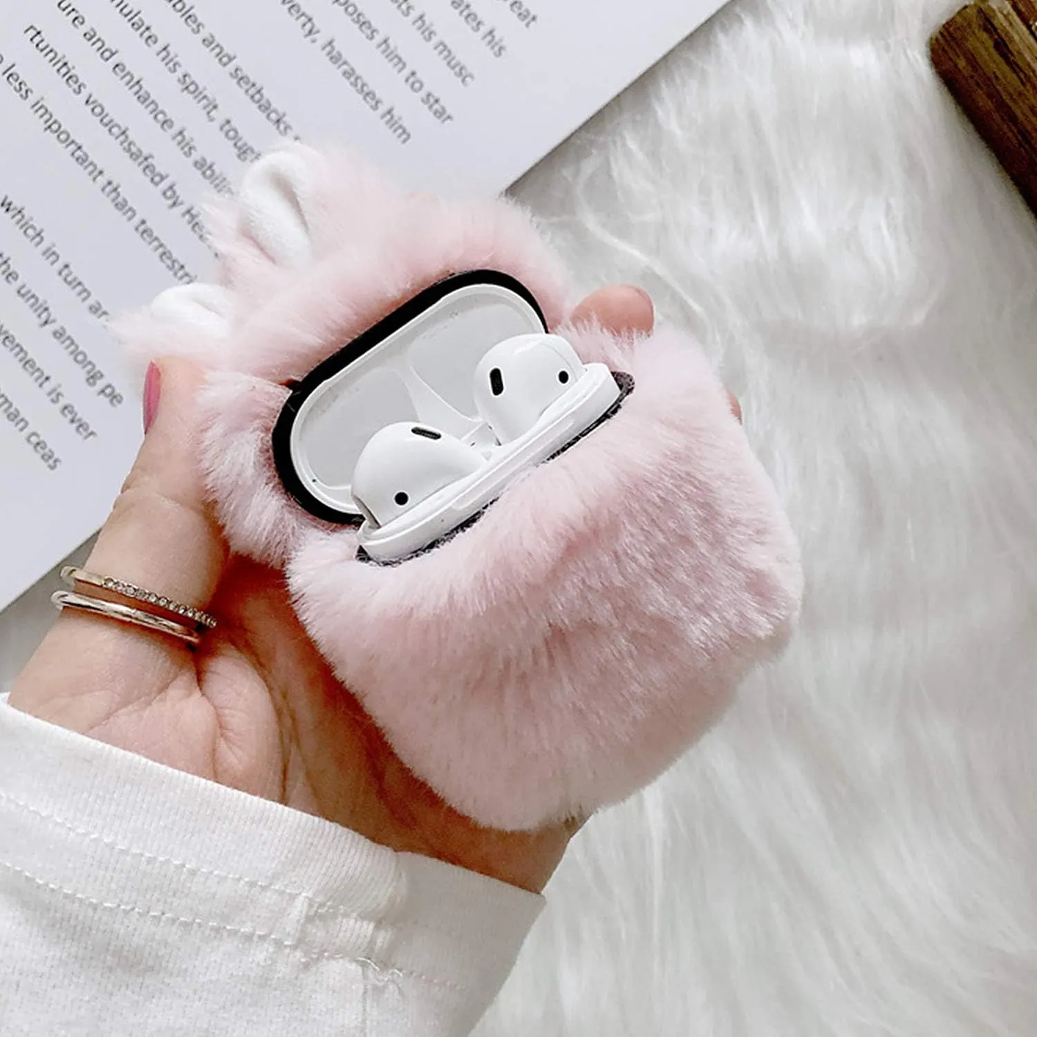 Guppy Compatible with AirPods Furry Bunny Case Girls 3D Cartoon Cute Rabbit Ears Plush Fluffy Warm Carrying Case Soft Protective Case Cover Accessories for AirPods 1 & 2 Gray, QL2357-Airpods2-1