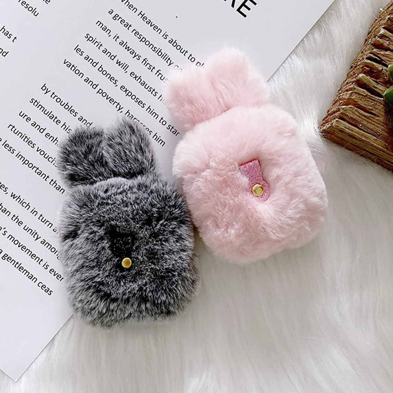 Guppy Compatible with AirPods Furry Bunny Case Girls 3D Cartoon Cute Rabbit Ears Plush Fluffy Warm Carrying Case Soft Protective Case Cover Accessories for AirPods 1 & 2 Gray, QL2357-Airpods2-1