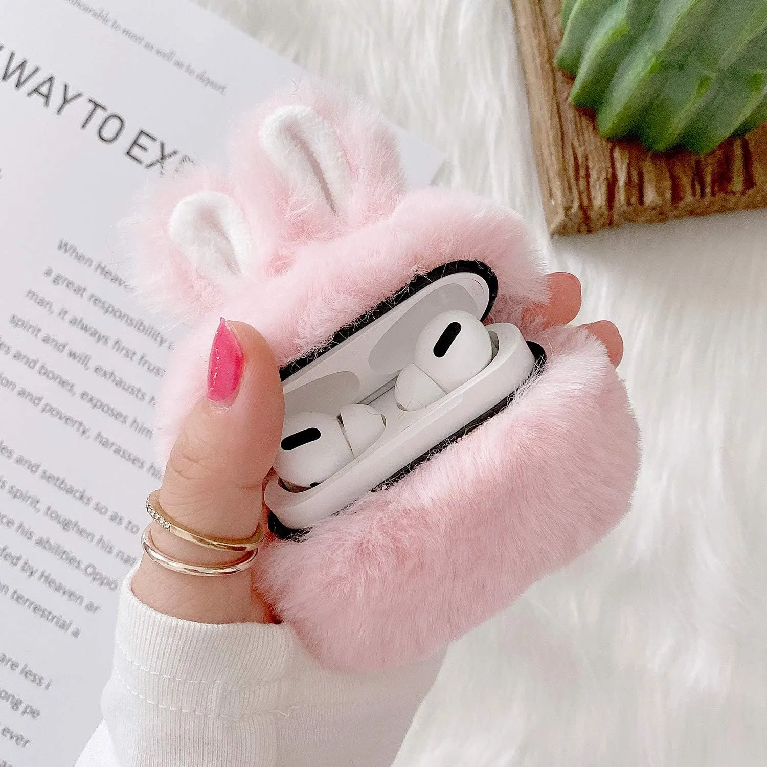 Guppy Compatible with AirPods Pro Furry Bunny Case Girls 3D Cartoon Cute Rabbit Ears Plush Fluffy Warm Carrying Case Soft Protective Case Cover Accessories for AirPods 3 Pink, QL2358-Airpods3-2