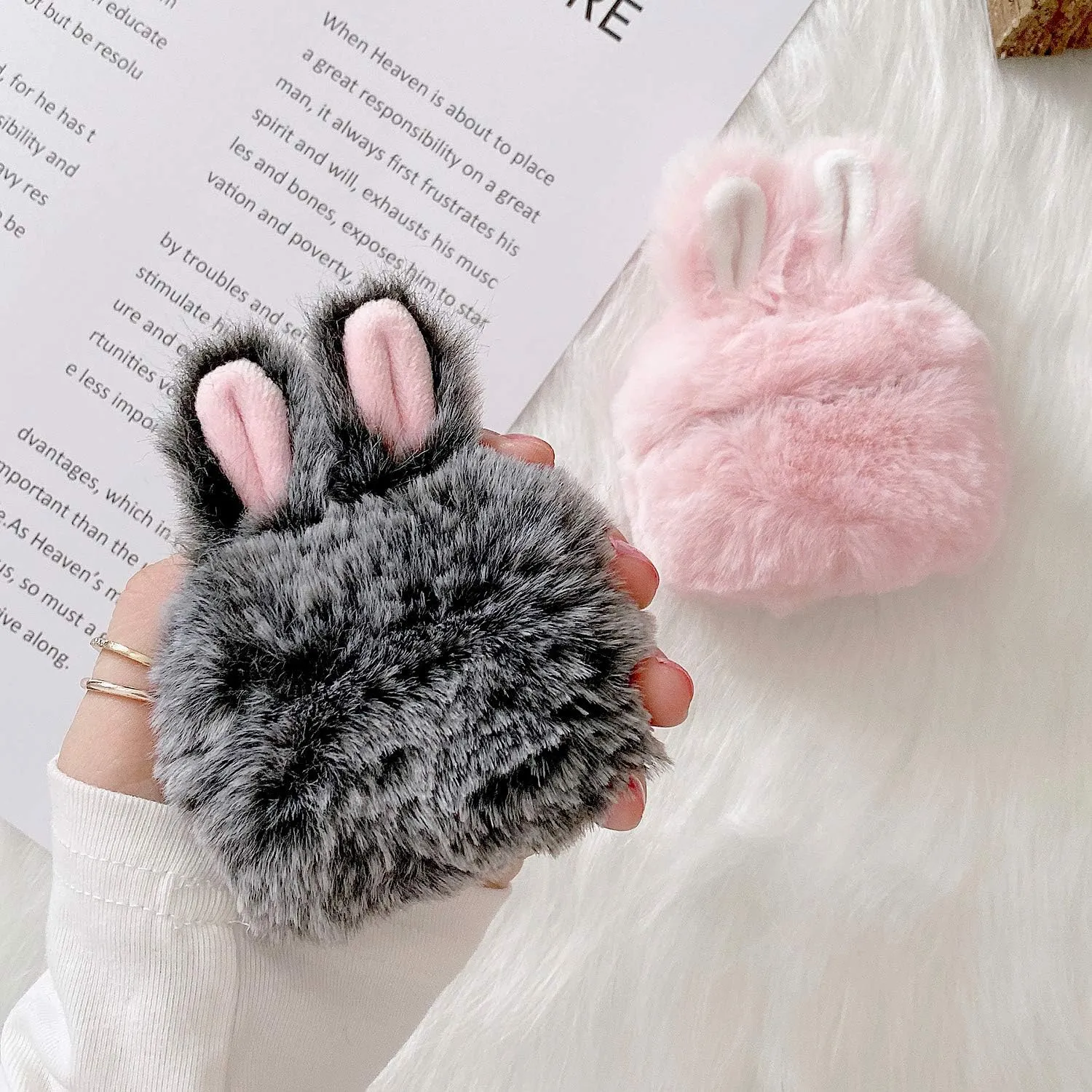 Guppy Compatible with AirPods Pro Furry Bunny Case Girls 3D Cartoon Cute Rabbit Ears Plush Fluffy Warm Carrying Case Soft Protective Case Cover Accessories for AirPods 3 Pink, QL2358-Airpods3-2