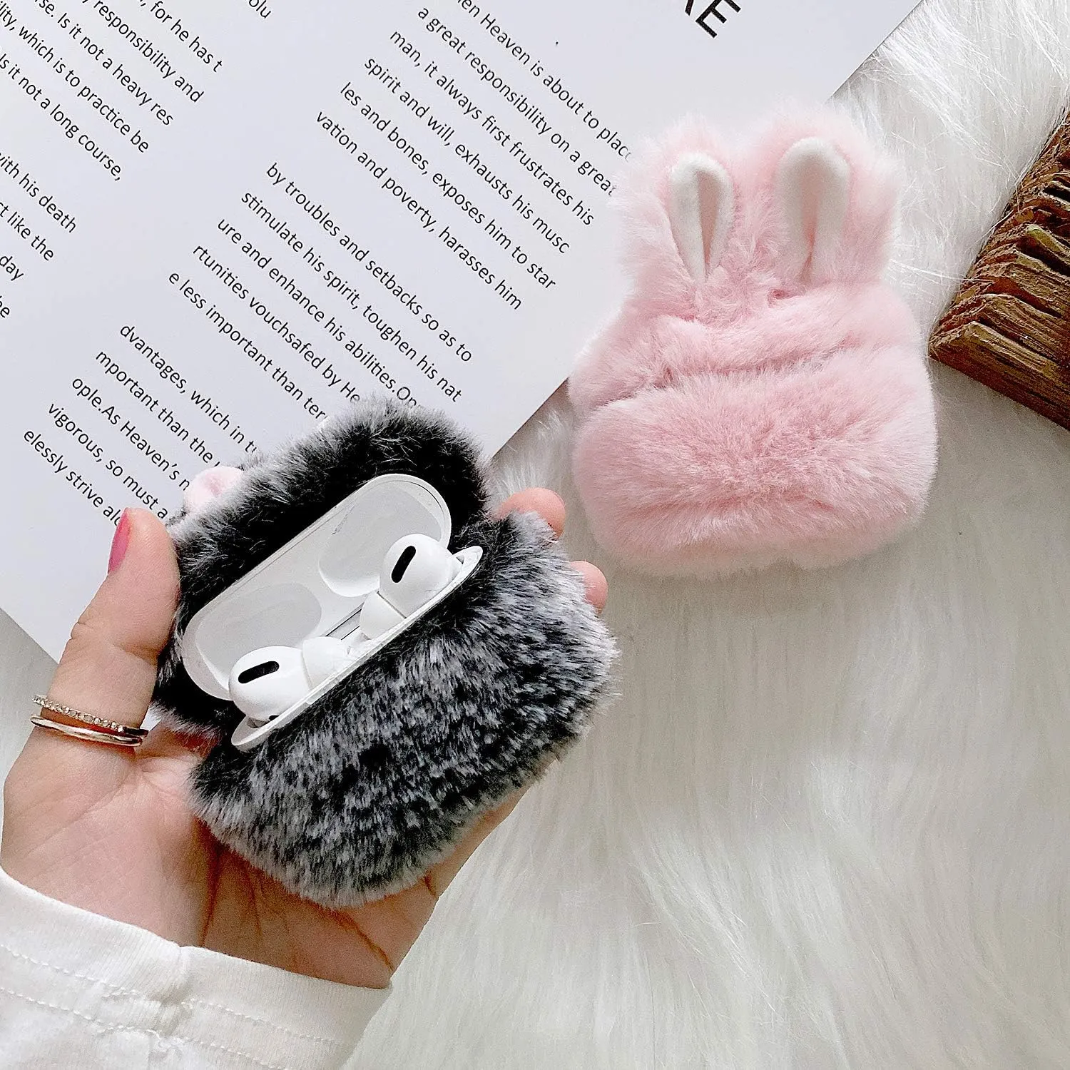 Guppy Compatible with AirPods Pro Furry Bunny Case Girls 3D Cartoon Cute Rabbit Ears Plush Fluffy Warm Carrying Case Soft Protective Case Cover Accessories for AirPods 3 Pink, QL2358-Airpods3-2