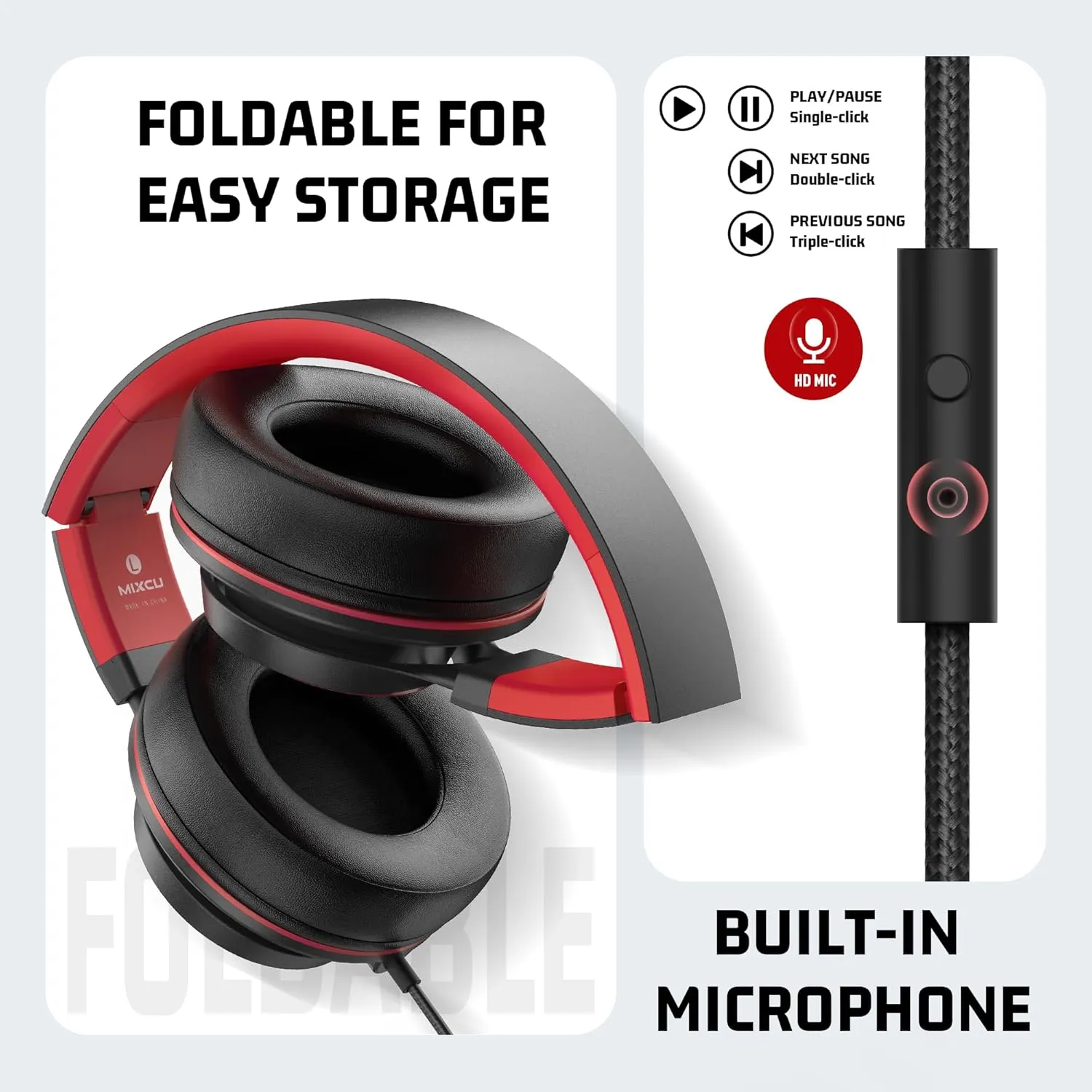 Headphones Wired for Chromebook School, Classroom Bulk Pack Over-Ear for Kids Teens Computer with Microphone 3.5mm Jack, Foldable, No-Tangle Cord - 6-Pack (Red)
