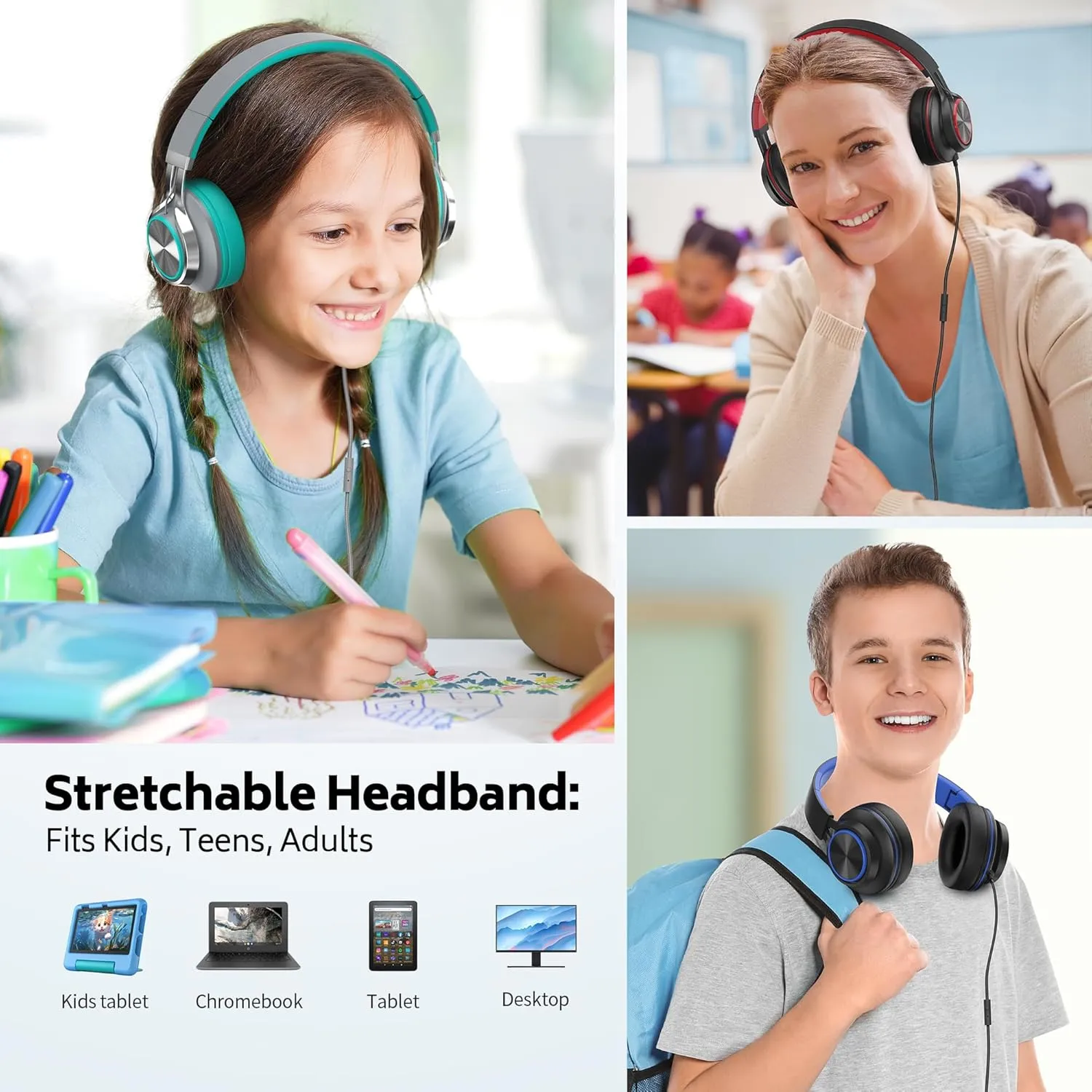 Headphones Wired for Chromebook School, Classroom Bulk Pack Over-Ear for Kids Teens Computer with Microphone 3.5mm Jack, Foldable, No-Tangle Cord - 6-Pack (Red)