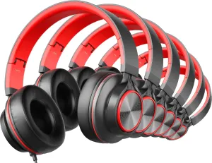 Headphones Wired for Chromebook School, Classroom Bulk Pack Over-Ear for Kids Teens Computer with Microphone 3.5mm Jack, Foldable, No-Tangle Cord - 6-Pack (Red)