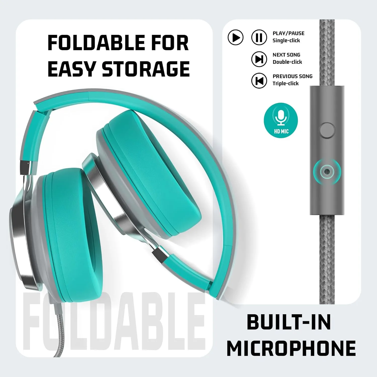 Headphones Wired for Kids Teens Bulk Pack, Over-Ear for Classroom Chromebook Computer with Microphone 3.5mm Jack, Foldable, No-Tangle Cord - 6-Pack (Mint Green)