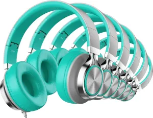 Headphones Wired for Kids Teens Bulk Pack, Over-Ear for Classroom Chromebook Computer with Microphone 3.5mm Jack, Foldable, No-Tangle Cord - 6-Pack (Mint Green)