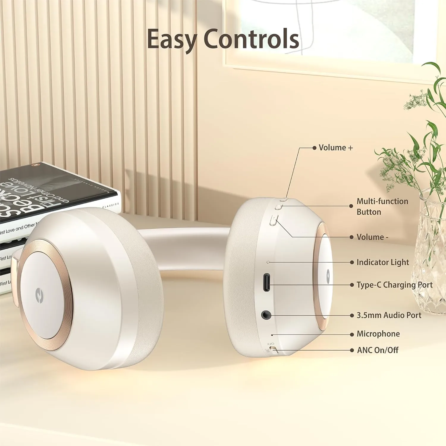 Headphones Wireless Bluetooth, 100H Playtime Active Noise Cancelling Headphones, Wireless Headphone with Microphone, Bluetooth Headphone with Deep Bass, Over-Ear Headphon with Fast Charging