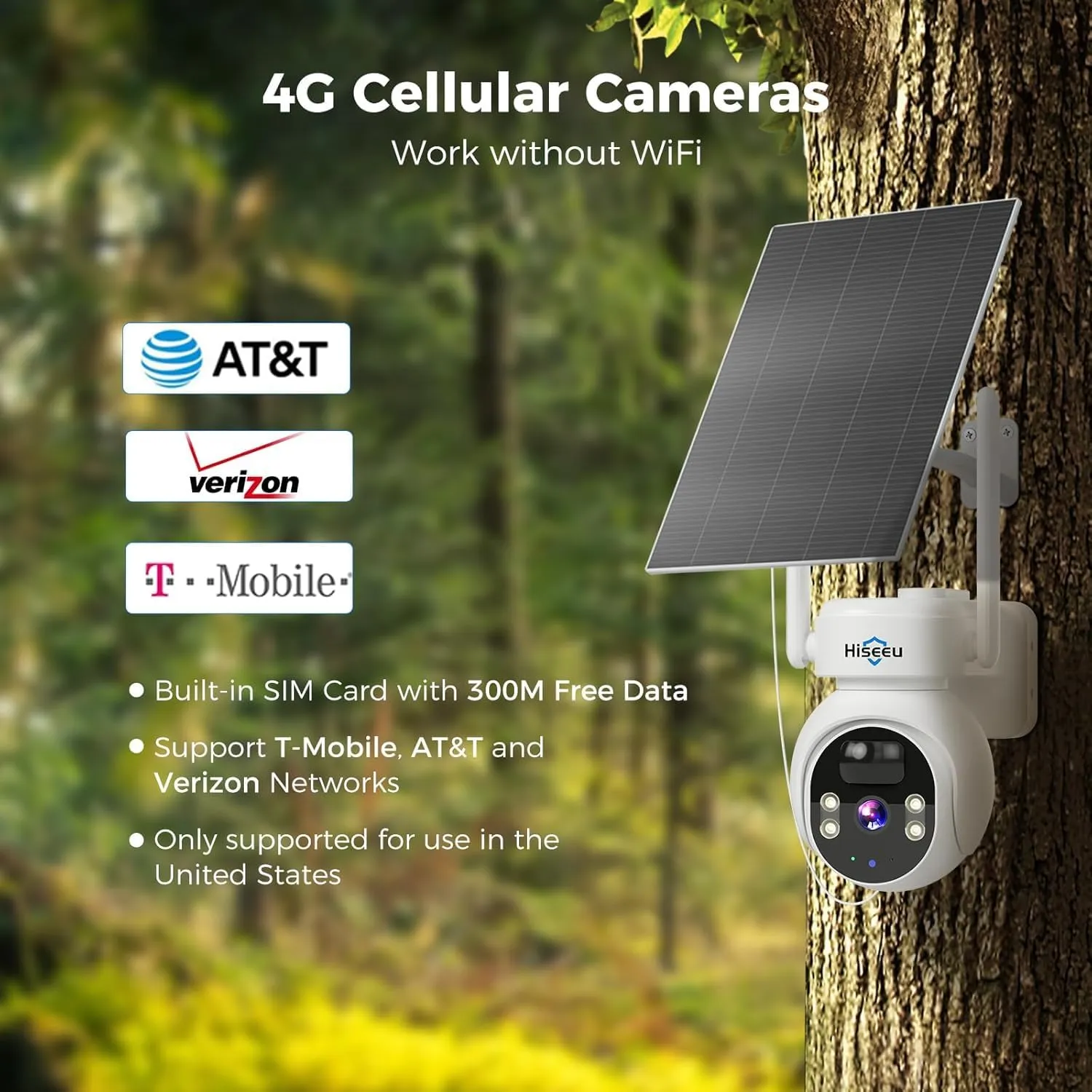 Hiseeu 4G Cellular Security Cameras Wireless Outdoor, No WiFi Security Camera, Solar Powered Cameras 360 PTZ, 2K Color Night Vision, 2-Way Talk, PIR Motion, 64G SD & SIM Card Included