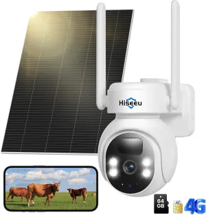 Hiseeu 4G Cellular Security Cameras Wireless Outdoor, No WiFi Security Camera, Solar Powered Cameras 360 PTZ, 2K Color Night Vision, 2-Way Talk, PIR Motion, 64G SD & SIM Card Included