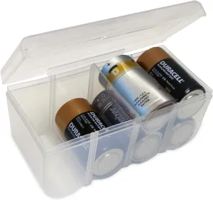 Home-X D Battery Storage Case - Clear, See-Through, Water Resistant D Battery Holder - Easy Access D Cell Battery Holder with Handle - Battery Organizer Storage Case Fits Up to 8 D Batteries
