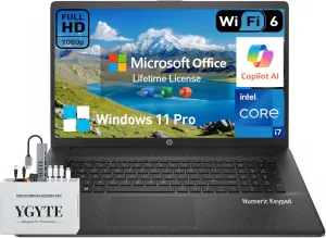 HP 17 Inch Laptop Notebook PC, 17.3 IPS FHD Business Laptop with Microsoft Office Included Lifetime, Intel 10-Core i7, 64GB RAM, 2TB SSD 512GB Docking Set, Windows 11 Pro, 10-Key Number Pad, Wi-Fi 6