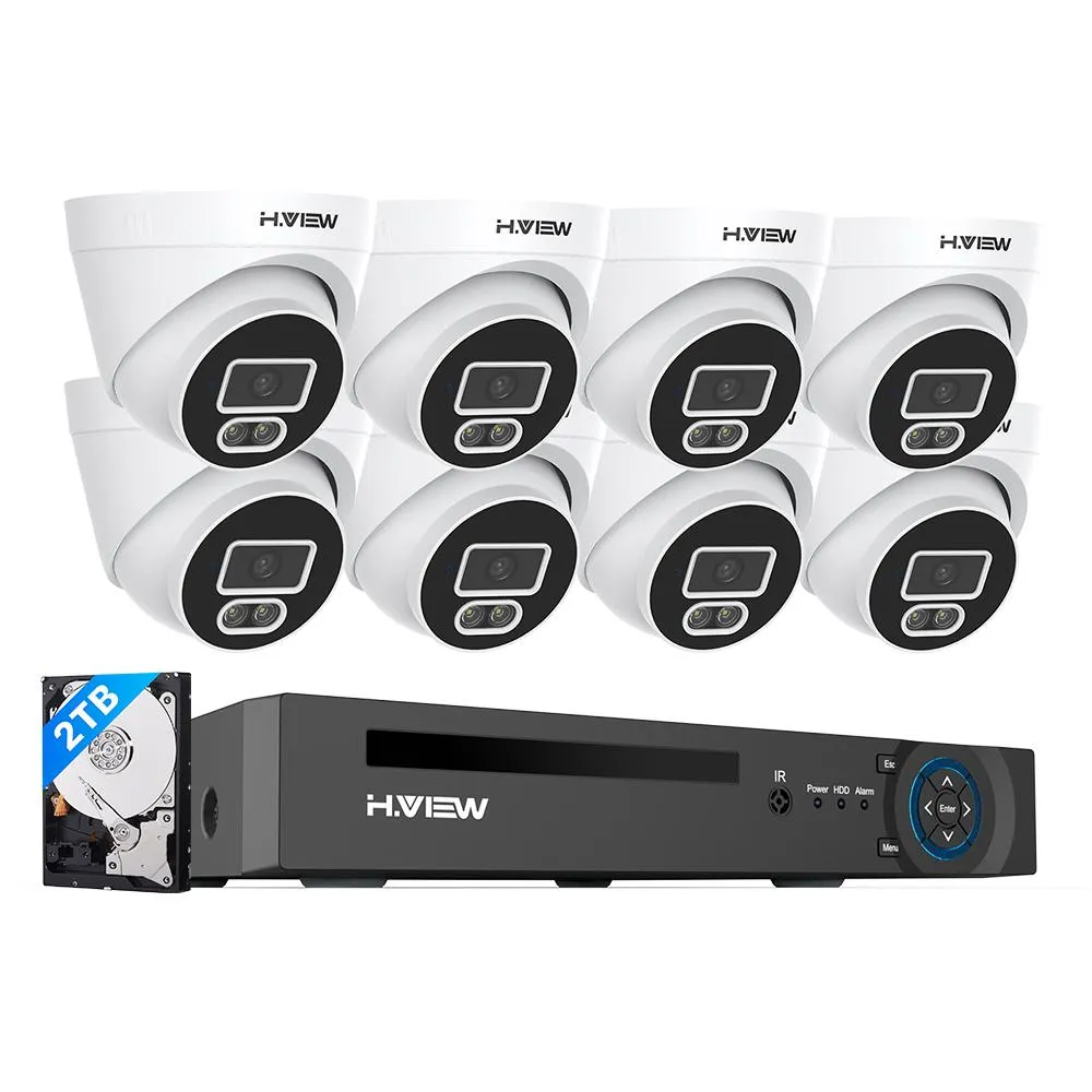 H.VIEW H.265 5MP POE Security Camera System, 4pcs Spotlight IP Camera, AI Detection, 5MP 8CH NVR , Support 4TB HDD for 24-7 Recording(HDD No included)