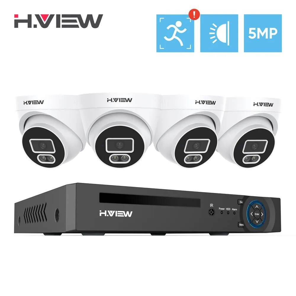 H.VIEW H.265 5MP POE Security Camera System, 4pcs Spotlight IP Camera, AI Detection, 5MP 8CH NVR , Support 4TB HDD for 24-7 Recording(HDD No included)