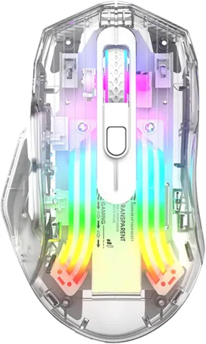 HXMJ-Wireless Gaming Mice with Transparent Crystal Shell,Tri-Modes (USB Wired 2.4G Wireless Bluetooth),Silent Click,Rechargeable,RGB Backlit-White