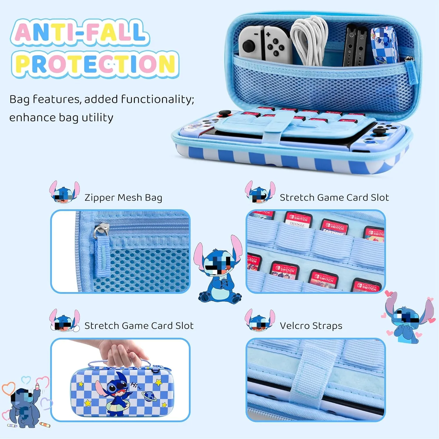 HYPERCASE Cute Accessories Bundle Kit for Nintendo Switch, with Blue Cartoon Switch Carrying Travel Case, Hardshell Protective Cover Skin for NS, Screen Protector, Shoulder Straps & 2 thump caps