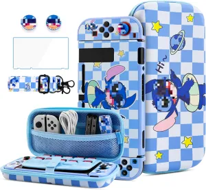 HYPERCASE Cute Accessories Bundle Kit for Nintendo Switch, with Blue Cartoon Switch Carrying Travel Case, Hardshell Protective Cover Skin for NS, Screen Protector, Shoulder Straps & 2 thump caps