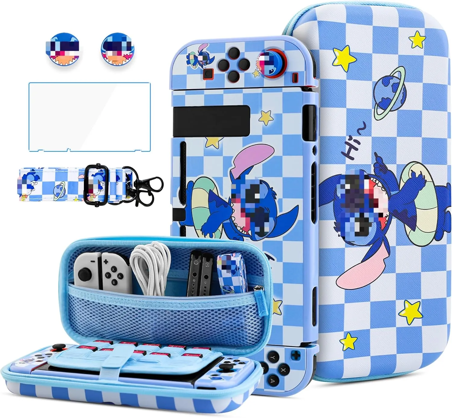 HYPERCASE Cute Accessories Bundle Kit for Nintendo Switch, with Blue Cartoon Switch Carrying Travel Case, Hardshell Protective Cover Skin for NS, Screen Protector, Shoulder Straps & 2 thump caps