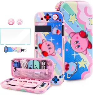 HYPERCASE Cute Carrying Case Kit Compatible with Nintendo Switch, with NS Switch Travel Bag for Anime, Soft Switch Protective Cover, Screen Protector, Shoulder Strap & 2 Thumb Grips - Pink&Blue