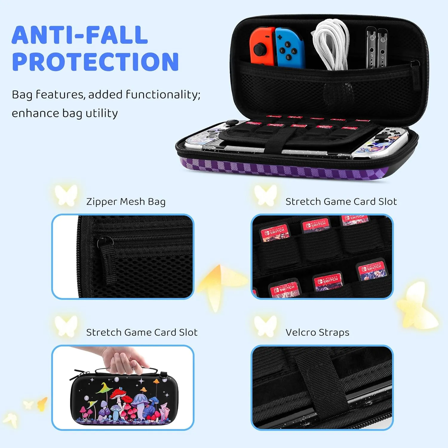 HYPERCASE Cute Mushroom Floral Switch OLED Carrying Case, Portable Travel Accessories Storage Bag with Glitter Switch OLED Protective Cover Skin, Shoulder Strap, Screen Protector & 2 Thump Caps