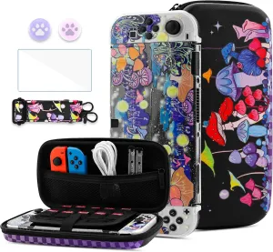 HYPERCASE Cute Mushroom Floral Switch OLED Carrying Case, Portable Travel Accessories Storage Bag with Glitter Switch OLED Protective Cover Skin, Shoulder Strap, Screen Protector & 2 Thump Caps
