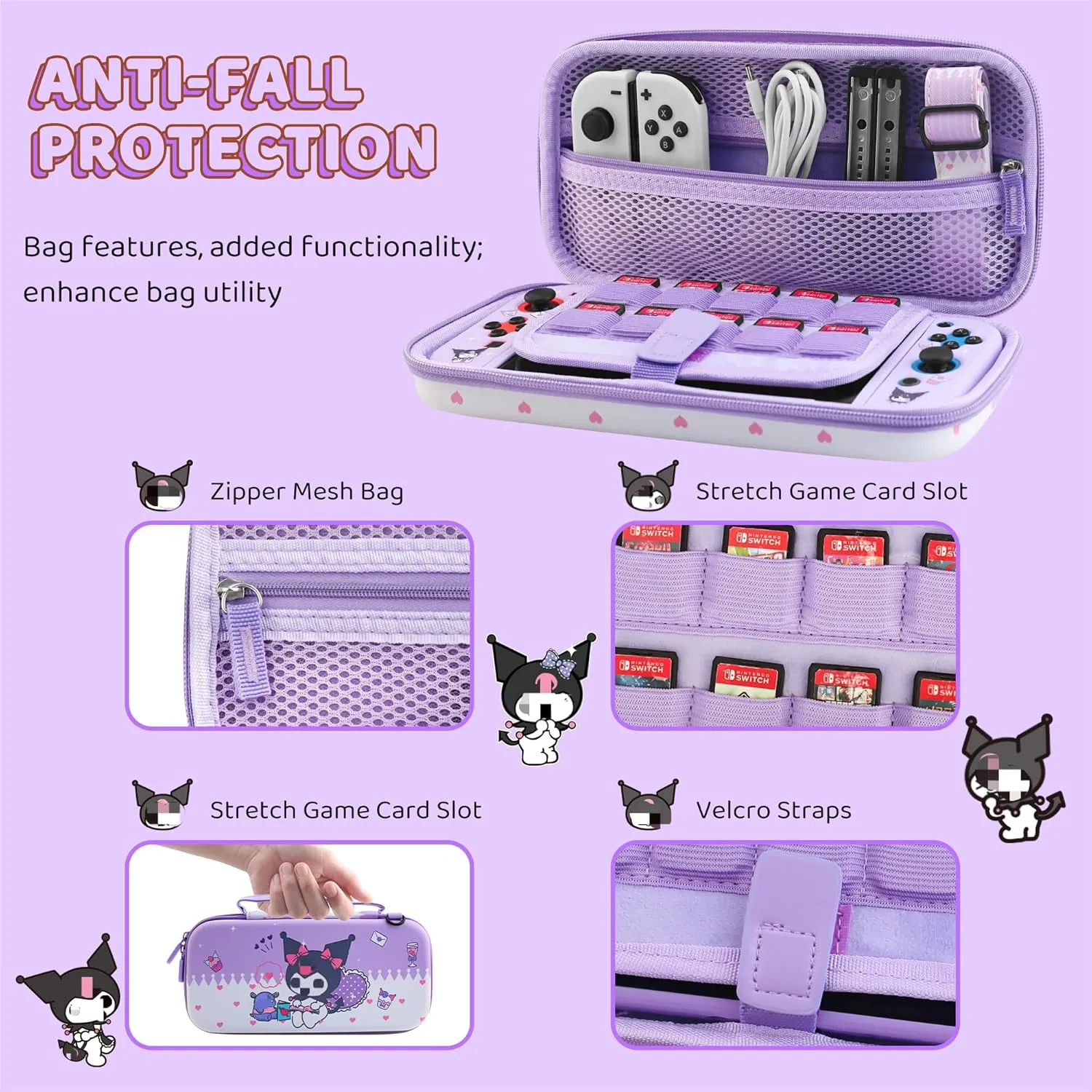 HYPERCASE Cute Purple Carrying Case for Nintendo Switch of Bunny, with Soft NS Switch Protective Cover, Screen Protector, Shoulder Strap & 2 Thumb Caps