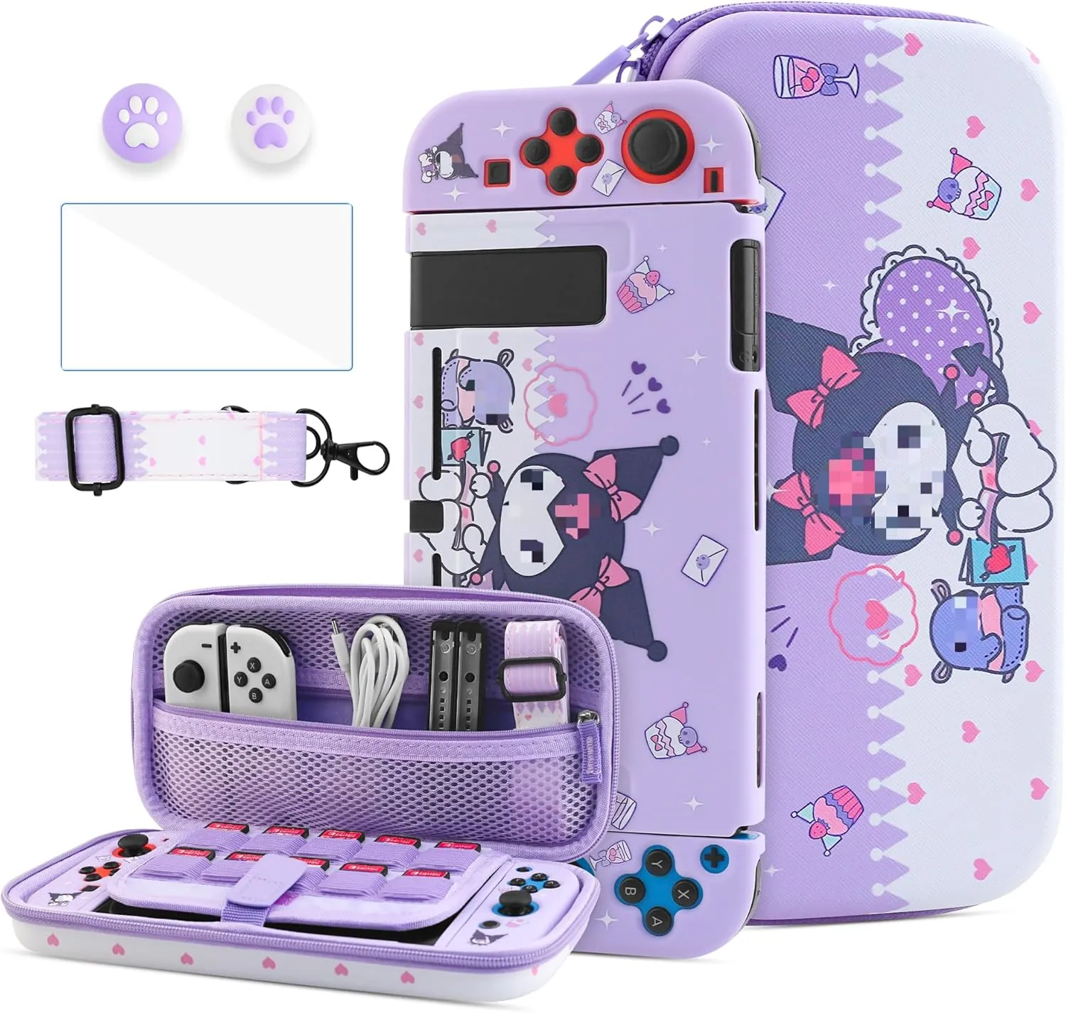 HYPERCASE Cute Purple Carrying Case for Nintendo Switch of Bunny, with Soft NS Switch Protective Cover, Screen Protector, Shoulder Strap & 2 Thumb Caps