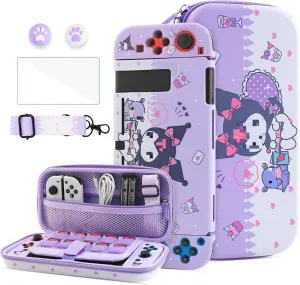 HYPERCASE Cute Purple Carrying Case for Nintendo Switch of Bunny, with Soft NS Switch Protective Cover, Screen Protector, Shoulder Strap & 2 Thumb Caps