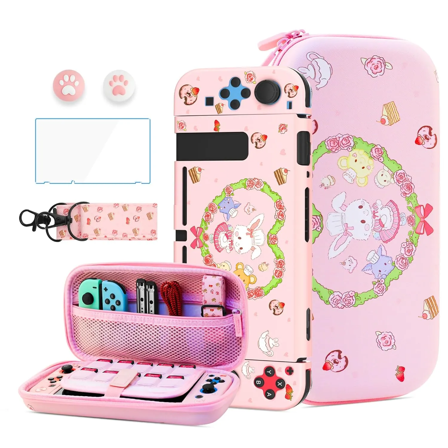 HYPERCASE Cute Switch Carrying Travel Bag for Nintendo Switch Accessories, Pink Bunny Soft Switch Cover Case for NS Console, HD Screen Protector, Shoulder Strap, 2 Kawaii Thump Caps