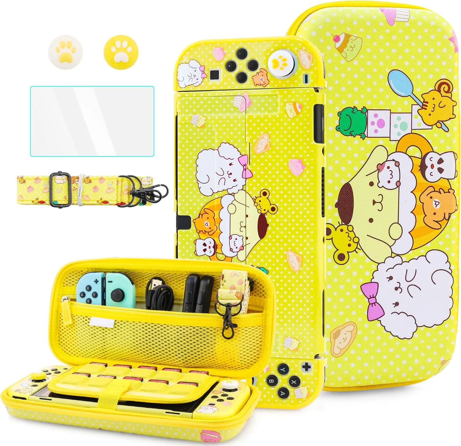 HYPERCASE for Nintendo Switch OLED Carry Travel Case Yellow Accessories Bundle, with Switch OLED Console Protective Cover Skin, Screen Protector, Shoulder Strap & 2 Cute Thumb Caps - Pudding Dog