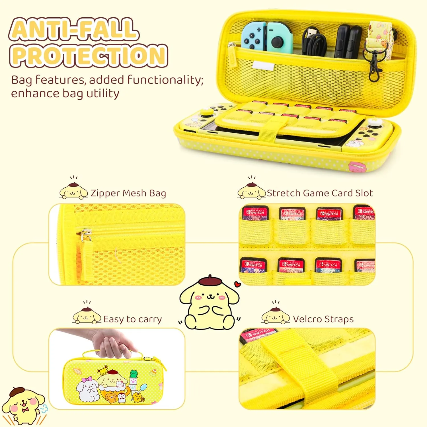 HYPERCASE for Nintendo Switch OLED Carry Travel Case Yellow Accessories Bundle, with Switch OLED Console Protective Cover Skin, Screen Protector, Shoulder Strap & 2 Cute Thumb Caps - Pudding Dog