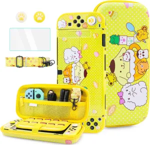 HYPERCASE for Nintendo Switch OLED Carry Travel Case Yellow Accessories Bundle, with Switch OLED Console Protective Cover Skin, Screen Protector, Shoulder Strap & 2 Cute Thumb Caps - Pudding Dog