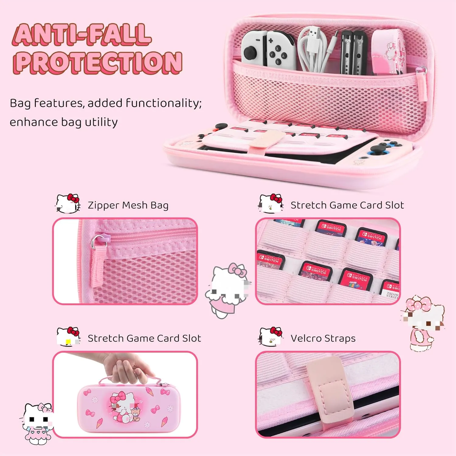 HYPERCASE Pink Carrying Case for Nintendo Switch, Portable Accessories kit with Cute Switch Travel Bag of Cartoon Cat, Protective Cover for NS, Screen Protector, Shoulder Strap & 2 Kawaii Thumb Caps