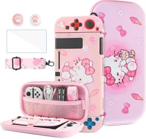HYPERCASE Pink Carrying Case for Nintendo Switch, Portable Accessories kit with Cute Switch Travel Bag of Cartoon Cat, Protective Cover for NS, Screen Protector, Shoulder Strap & 2 Kawaii Thumb Caps