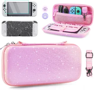 HYPERCASE Pink Glitter Carrying Case Compatible with Nintendo Switch OLED, Portable Travel Storage Case with Clear Switch OLED Protective Cover, Screen Protector, Shouder Strap & 2 Thumb Caps
