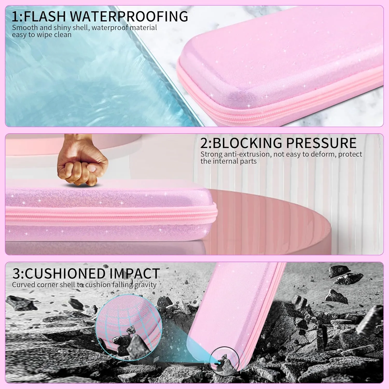 HYPERCASE Pink Glitter Carrying Case Compatible with Nintendo Switch OLED, Portable Travel Storage Case with Clear Switch OLED Protective Cover, Screen Protector, Shouder Strap & 2 Thumb Caps