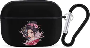 Japanese Geisha Ghost Mask Printed Earbud Case Bluetooth Headphone Case Full Protective Case with Keychain Compatible with Airpods Pro Black-Style