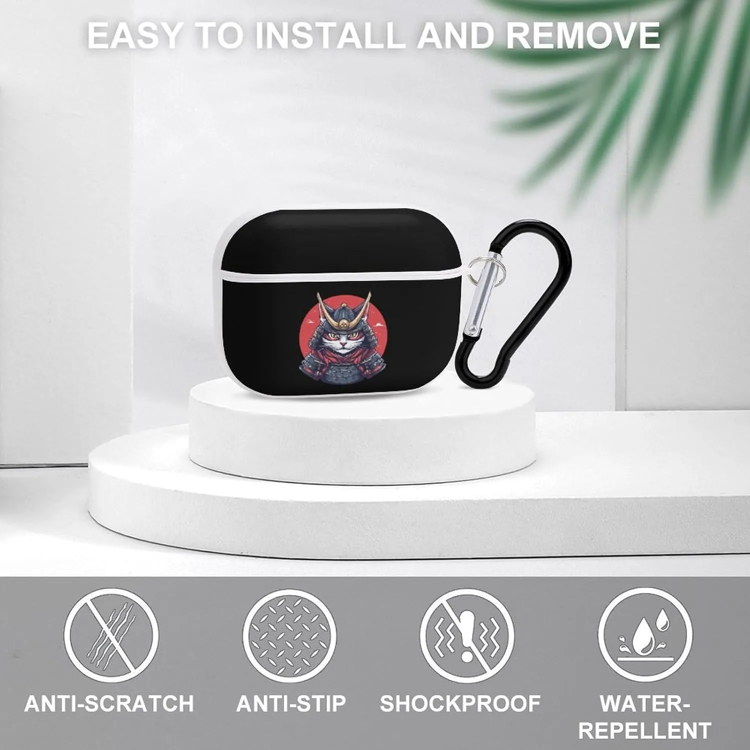 Japanese Samurai Cat Tattoo Earbud Case Bluetooth Headphone Case Full Protective Case with Keychain Compatible with Airpods Pro White-Style