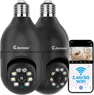 Jennov 2K WiFi Light Bulb Security Camera Wireless Outdoor - Cameras for Home Security Outside, Light Socket Indoor Camera, Auto Tracking AI Human Detection Compatible with Alexa -2 Pcs