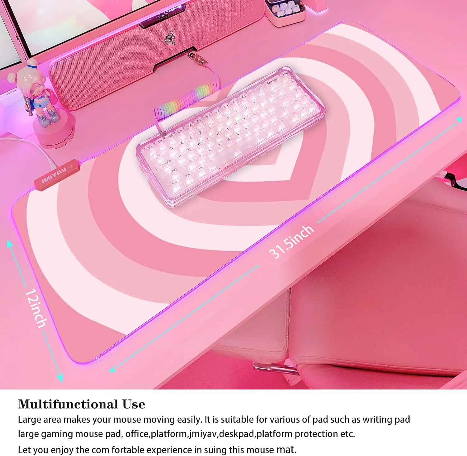 JMIYAV Pink Love Heart RGB Gaming Mouse Pad 31.5x12 Inch PC XL Large Extended Glowing Led Light Up Cool Mouse pad Desk Pad Non-Slip Rubber Computer Mouse Pad Cute Mousepad Mat 31.5x12 Inch