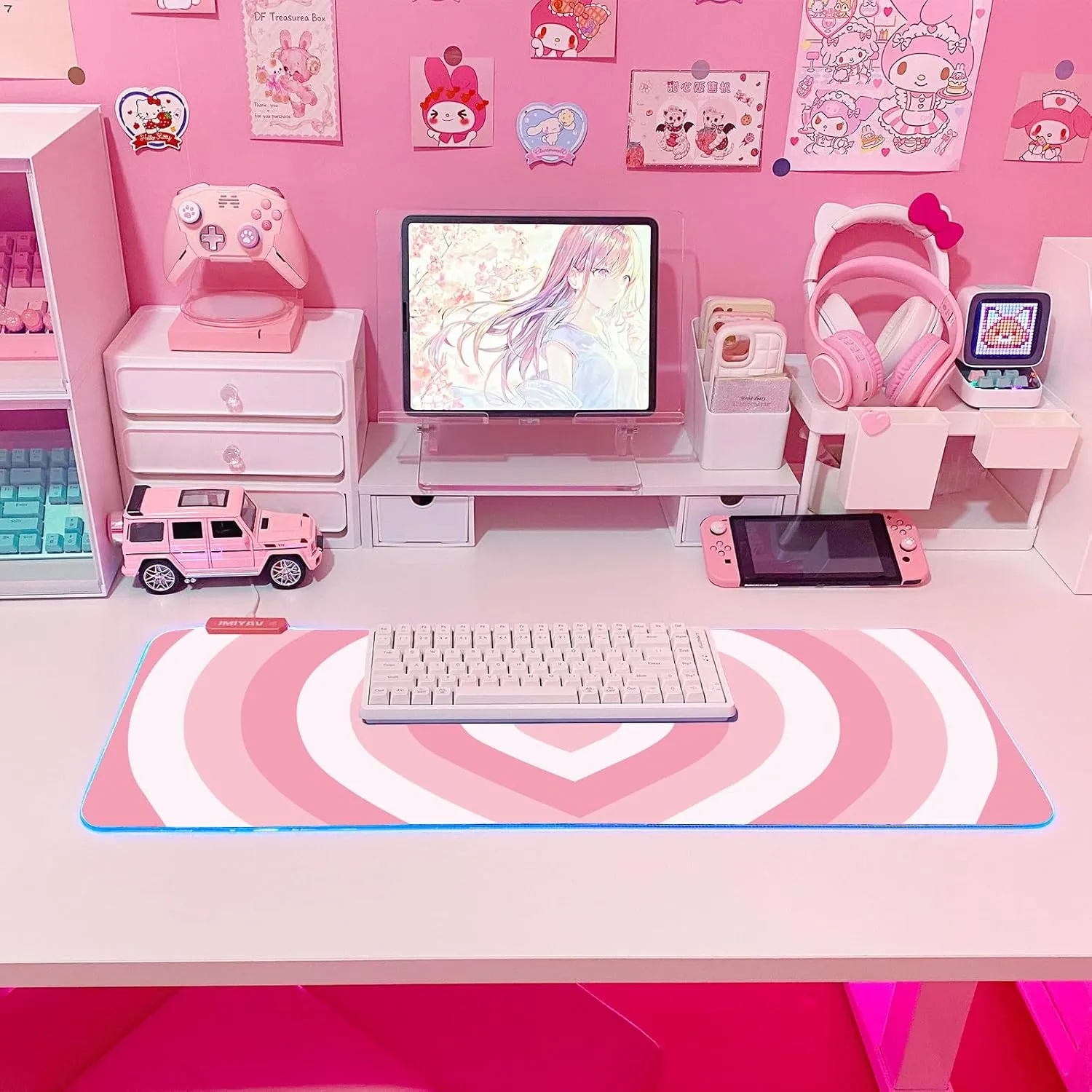 JMIYAV Pink Love Heart RGB Gaming Mouse Pad 31.5x12 Inch PC XL Large Extended Glowing Led Light Up Cool Mouse pad Desk Pad Non-Slip Rubber Computer Mouse Pad Cute Mousepad Mat 31.5x12 Inch