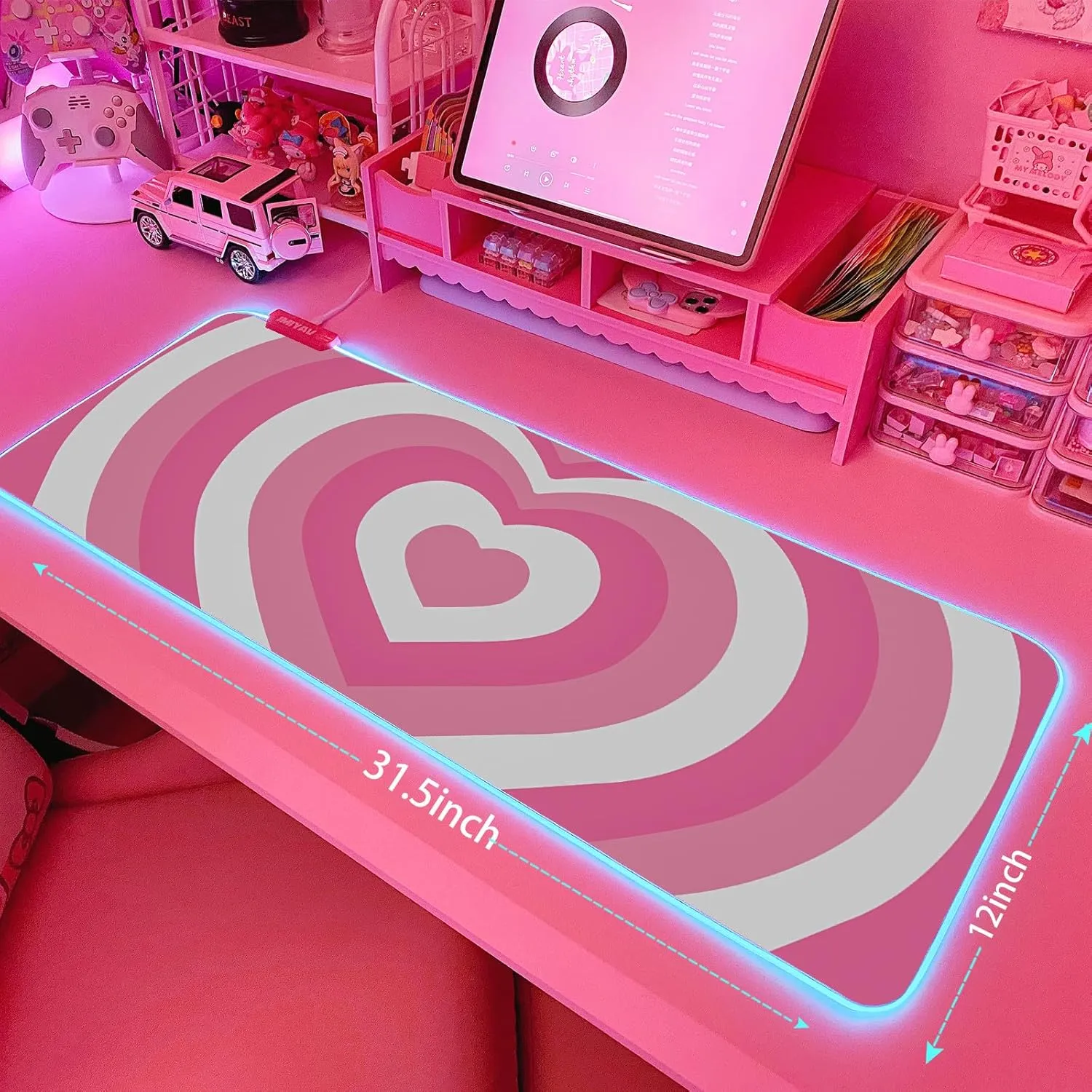 JMIYAV Pink Love Heart RGB Gaming Mouse Pad 31.5x12 Inch PC XL Large Extended Glowing Led Light Up Cool Mouse pad Desk Pad Non-Slip Rubber Computer Mouse Pad Cute Mousepad Mat 31.5x12 Inch