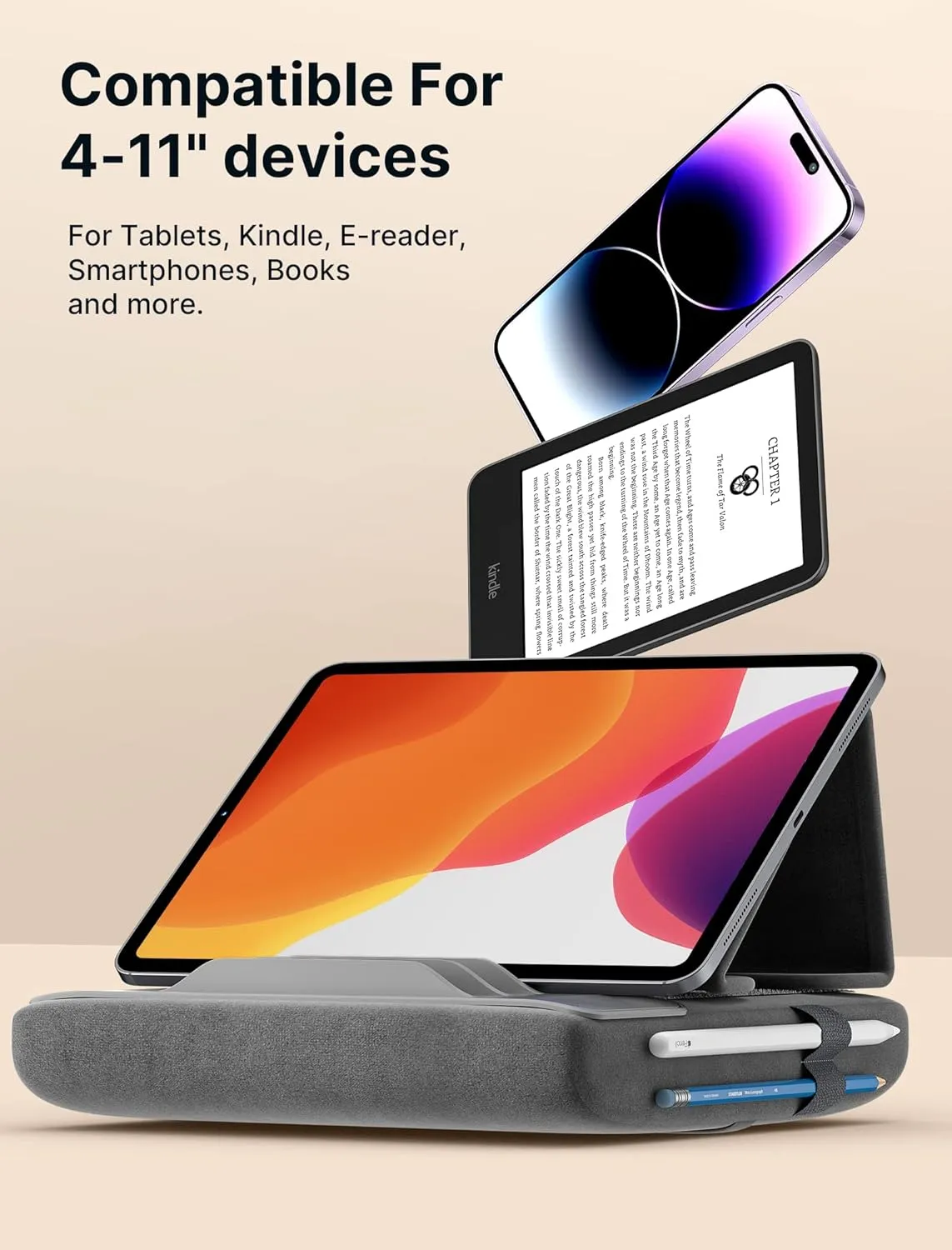 JSAUX Tablet Pillow Stand, Tablet Stand Holder Dock for Lap, Bed and Desk Compatible with iPad Pro 11 10.5 9.7 10.2 Air Mini, Kindle, Tablets, Phones, E-Reader, Books and More 4-11'' Devices Grey