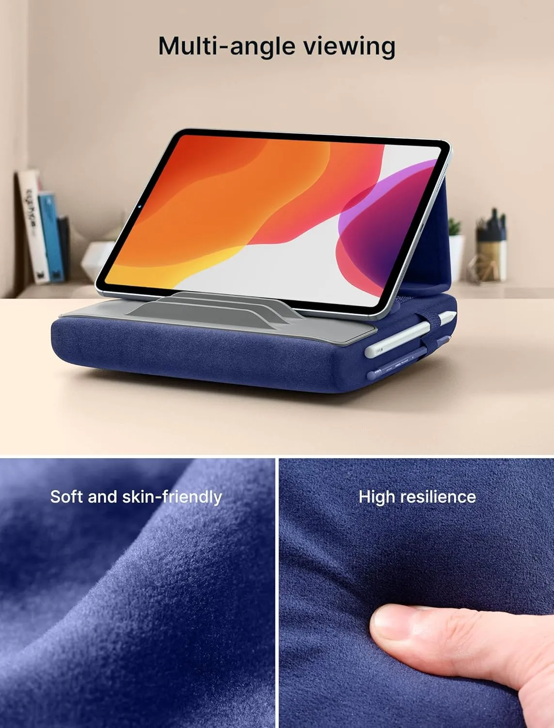 JSAUX Tablet Pillow Stand, Tablet Stand Holder Dock for Lap, Bed and Desk Compatible with iPad Pro 11 10.5 9.7 10.2 Air Mini, Kindle, Tablets, Phones, E-Reader, Books and More 4-11'' devices Navy Blue