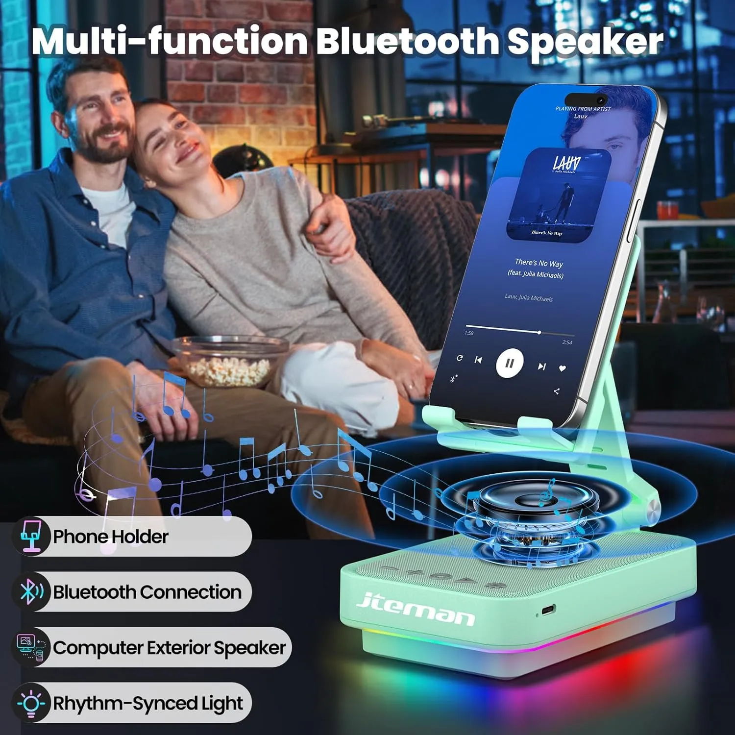 JTEMAN Cell Phone Stand with Wireless Bluetooth Speaker and Jumping Light, Cool Tech Gifts for Men, Women, Husband, Dad, Unique Birthday Gift for Him - Green