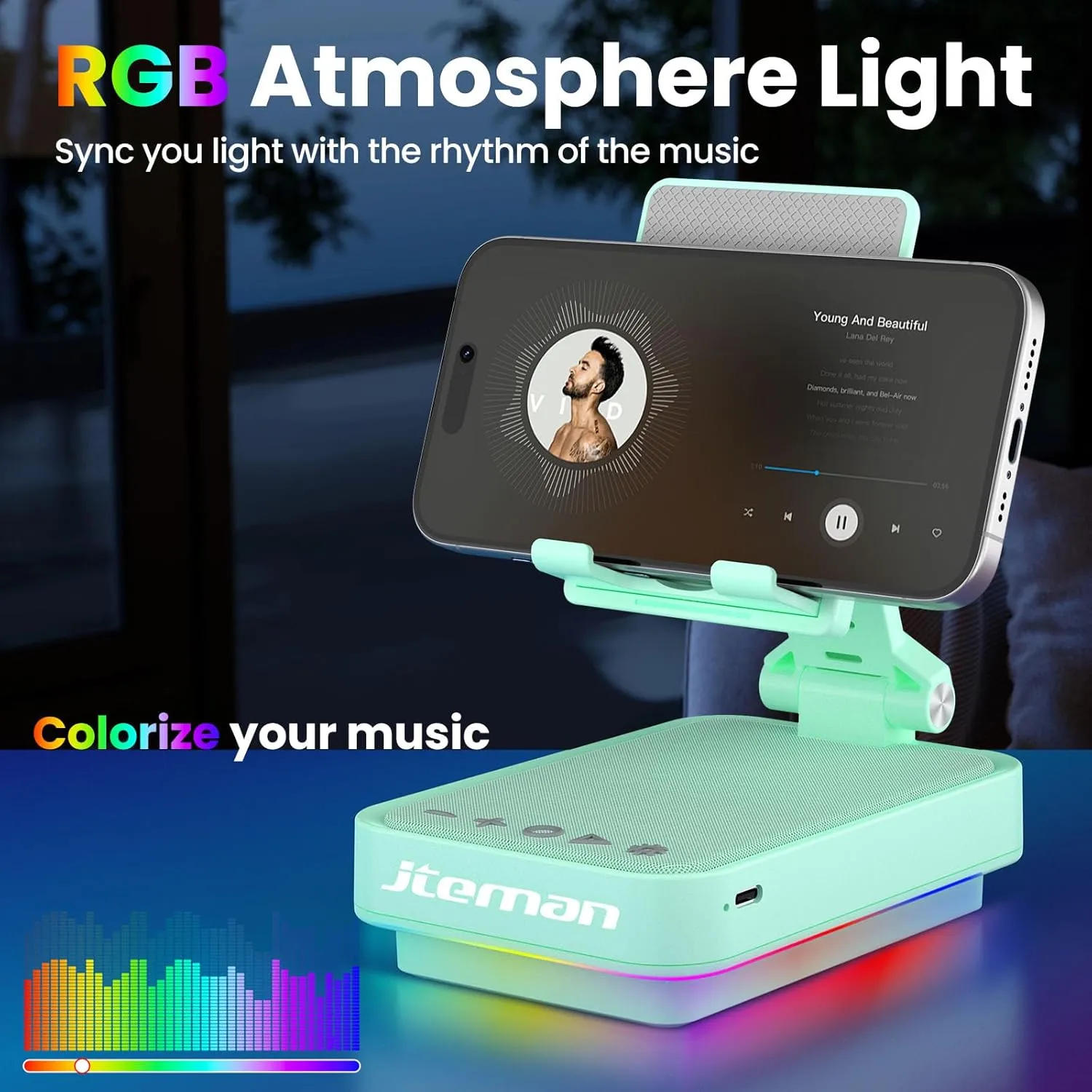 JTEMAN Cell Phone Stand with Wireless Bluetooth Speaker and Jumping Light, Cool Tech Gifts for Men, Women, Husband, Dad, Unique Birthday Gift for Him - Green