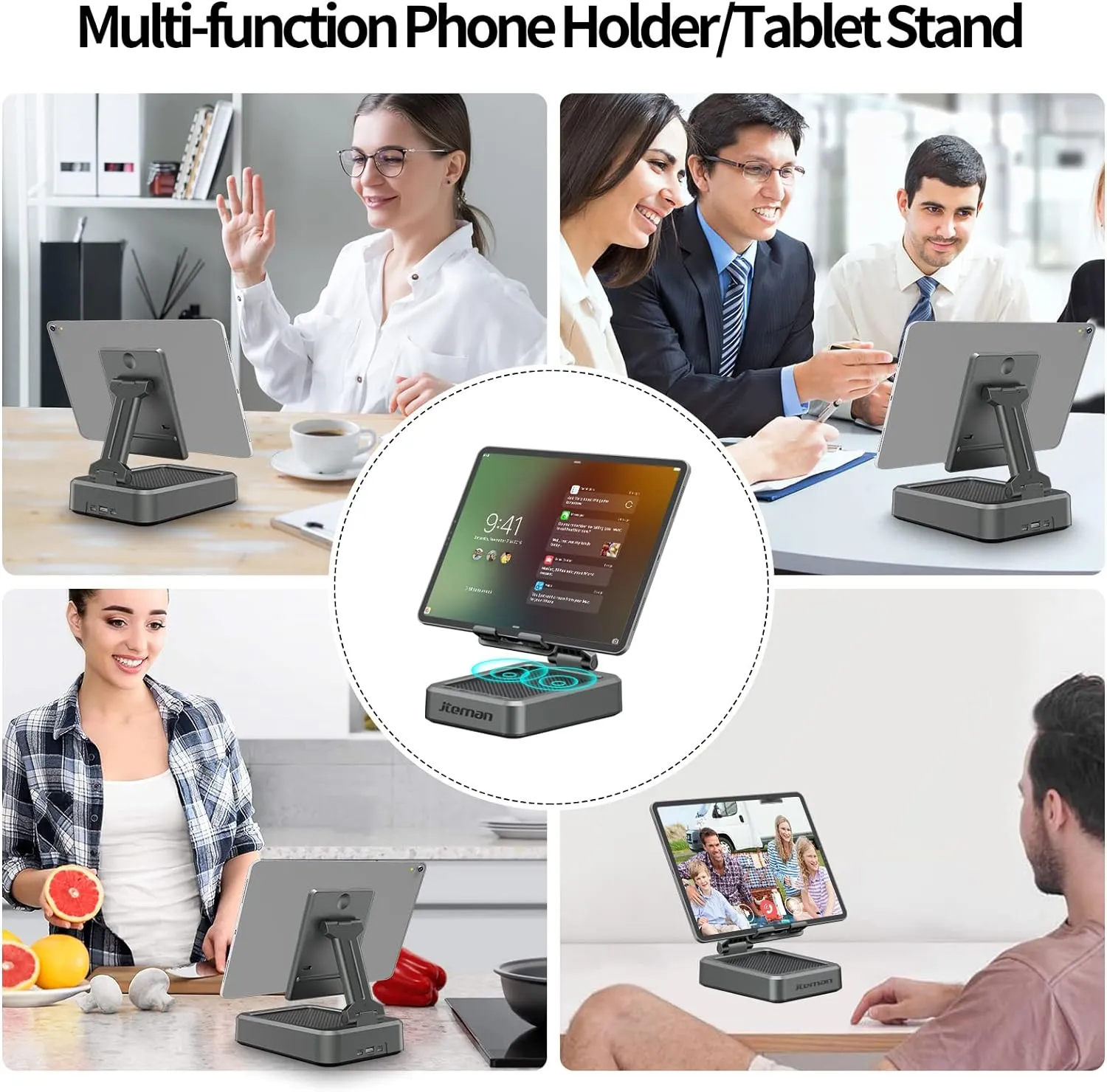 Jteman Wireless Bluetooth Speaker Tablet Stand, Adjustable with Bluetooth Speakers,Gifts for Women Men,Kitchen Gadget for Men,Compatible with Phones and Tablet (4.0-12.9'') - Graphite